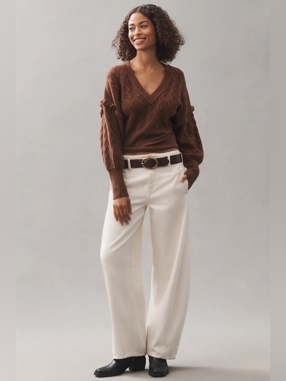 Pilcro Anthropologie Brown Cable Knit Fringe V Neck Wool Sweater Boho S Rustic